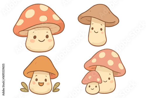 Cute cartoon mushroom characters set. Kawaii smiling fungi with faces for kids. Vector illustration of a happy mushroom family. Autumn forest nature elements for cozy design.