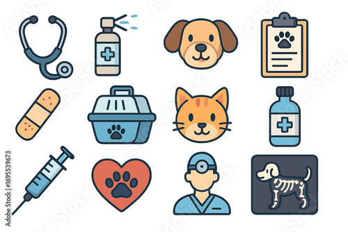 Veterinary icons set with medical equipment, animal care tools, dog and cat health symbols, pet carrier, syringe, veterinarian, X-ray, bandage, heart paw print, healthcare vector cartoon illustration