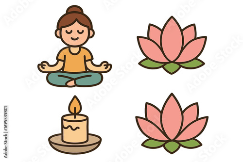 Peaceful yoga icons set with meditation pose, lotus flowers, and candle illustration. Calm mindfulness, relaxation symbols, spiritual wellness, serene cartoon vector collection, transparent background