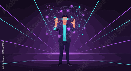 Man Uses Augmented Reality And Digital Interface In A Futuristic Illustration