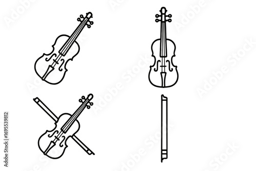 Set of linear violin icons. Classic string instrument with bow. Minimalist black and white vector illustration. Musical symbols for orchestra, concert, and musician branding.