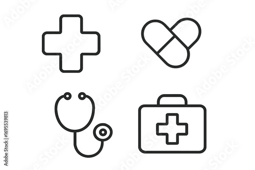 Medical and health care line icon set. Editable stroke symbols for web and app design. Vector collection of pharmacy cross, pills, stethoscope, and first aid kit icons.