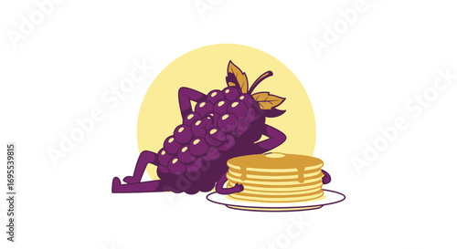 Relaxed Grape And Pancakes Enjoying Morning Sun In Playful Cartoon Illustration