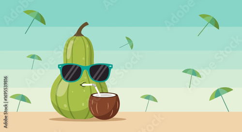 Relaxed Gourd Enjoying Vacation, Tropical Paradise, Beach Scene, Sunny Sunglasses, Refreshment