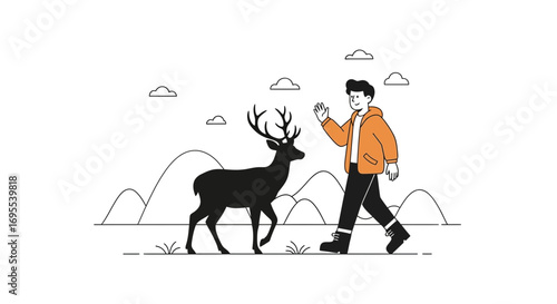 A Person Greeted A Deer In A Minimalistic Style On The Foothills Of Mountains