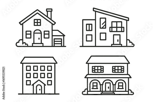 Various styles of residential buildings vector illustration, simple outline architecture design, modern and classic house concepts, multi-story homes, minimalist suburban houses