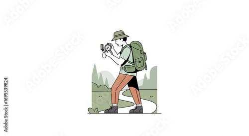A Person Hiking and Navigating with a Compass in the Wilderness Illustration