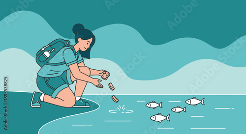A Person Feeding Fish In A Scenic Coastal Setting With Gentle Rolling Hills.