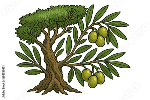 Olive tree illustration with detailed branches, green leaves, ripe olives, rustic trunk, hand-drawn style, botanical vector art for decoration, nature, organic and Mediterranean design