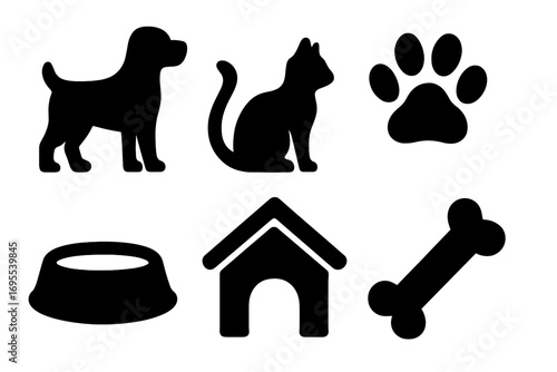 Pet care icons set with dog silhouette, cat silhouette, paw print, food bowl, dog house, and bone in bold black vector cartoon style, transparent background, ordered design