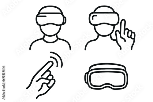 Virtual reality symbols minimalist linear style headset hand gesture vector cartoon illustration transparent background ordered set technology digital interaction concept immersive experience