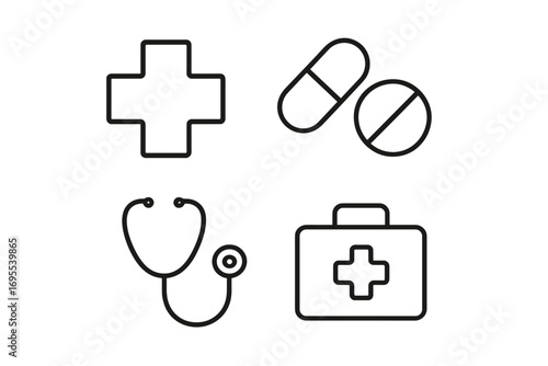 Health care and medicine line icon set. Editable stroke icons for web and apps. Vector symbols of medical cross, pills, stethoscope, first aid kit. Pharmacy and hospital concept.