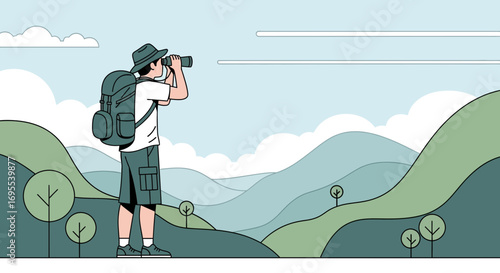 A person hiking in the mountains uses binoculars for wildlife observation no comma at the end