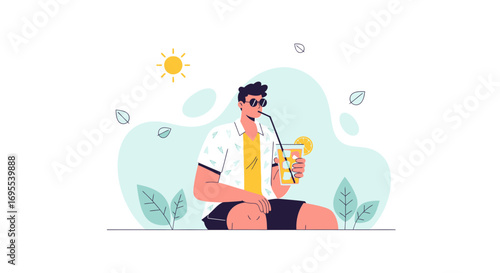Relaxed Individual Enjoying Beverage On Sunny Day With Refreshing Drink And Sunglasses
