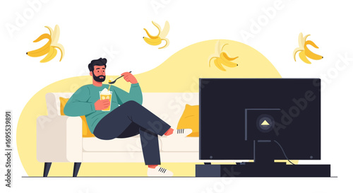 Relaxed Individual Enjoying a Snack While Watching Television in a Cozy Living Room