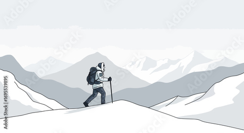 A Person Hiking in Snowy Mountains, Depicted in a Minimalist Black and White Style