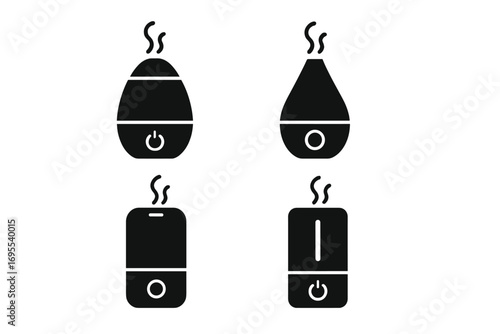 Humidifier icons set. Air diffuser symbol collection. Minimalist silhouette glyph. Aromatherapy, steam, mist, vapor. Healthy home climate appliance. Vector purification design element.