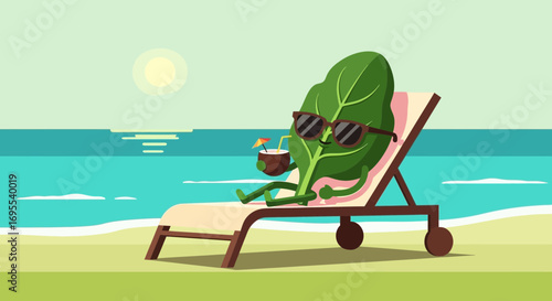 Relaxed Leafy Character Enjoying Tropical Holiday on Beach with Refreshing Drink