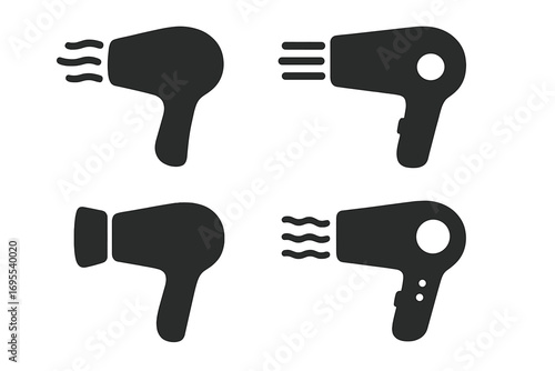 Hair dryer icon set vector collection. Minimalist silhouette symbol for hairdryer, salon, and beauty care. Flat blow dryer graphic element for barbershop and hairstyling tool.