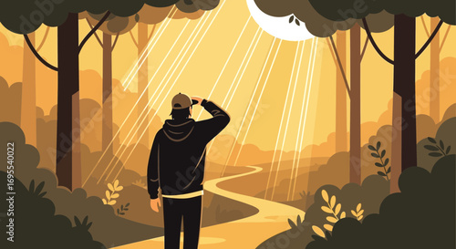 A person in a forest path looking towards the sunbeams in a beautiful environment scene