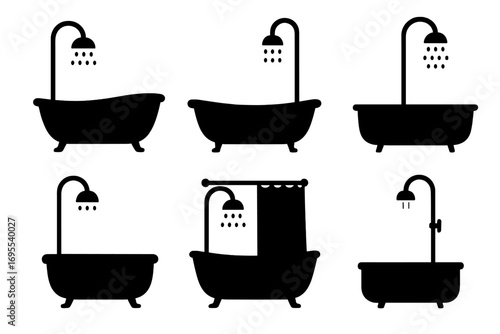 Set of six black silhouette bathtubs with showers. Vector bathroom design elements. Hygiene and sanitary ware icons. Clawfoot tub and modern bath collection for interior design.