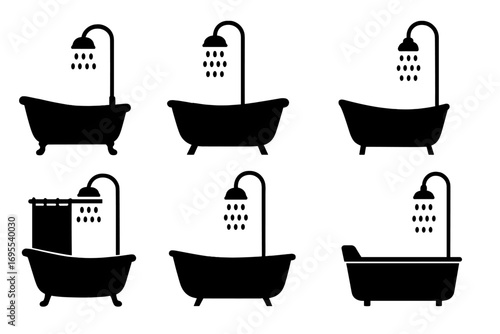 Set of black silhouette bathtubs with showers. Bathroom interior design icon collection. Vector illustration of plumbing fixtures for hygiene and washing. Clawfoot tub style.