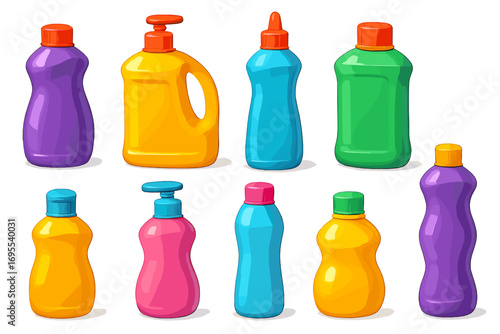 Colorful 3d bottles collection. Vibrant plastic design for household cleaning products. Vector cartoon mockup set. Shampoo, detergent, soap container packaging illustration.
