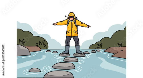 A person in a yellow jacket crossing a river using stepping stones illustration