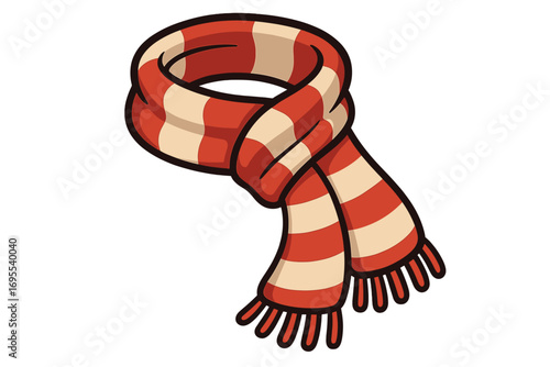 Warm stylish red and white striped winter scarf vector illustration, cozy winter clothing accessory, cold weather fashion, cartoon style transparent background, soft knit fabric design