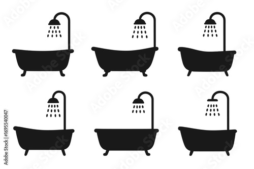 Set of six black silhouette clawfoot bathtubs with showers. Vector bathroom design elements. Sanitary ware and plumbing fixtures icon collection. Home interior furniture symbol.