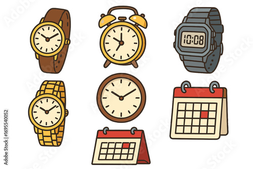 Various timekeeping tools including wristwatches, digital watch, alarm clock, wall clock, desktop and hanging calendars, vector cartoon illustration showcasing styles and functions