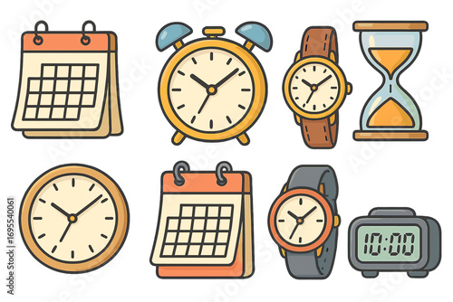 Various timekeeping tools including watches, alarm clocks, calendars, hourglass, and digital clock in cartoon vector style, showcasing functions, styles, and time concepts