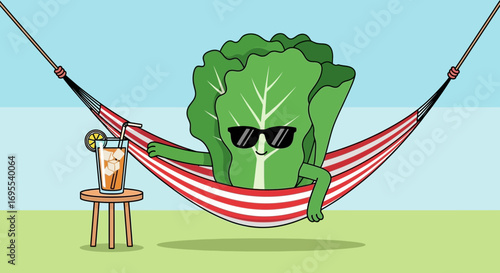 Relaxed Lettuce Character Enjoying Summer Vacation with Iced Drink in a Hammock