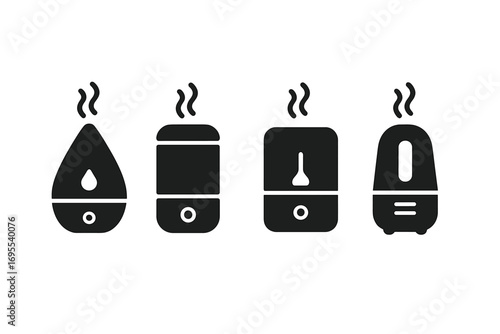 Humidifier icon set. Air diffuser glyph collection. Minimalist silhouette style for modern home design. Vector illustration. Steam, moisture, and climate control appliance.