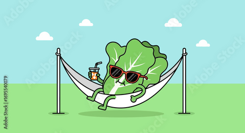 Relaxed Lettuce Enjoying Refreshing Drink While Lounging in Hammock Under A Blue Sky