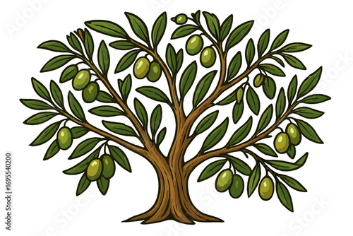 Detailed olive tree illustration with ripe fruit and vibrant green leaves, cartoon style vector graphic, decorative branch design, transparent background, natural Mediterranean plant