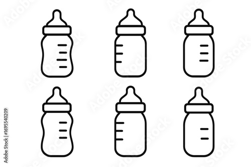 Set of six black and white linear baby bottle icons, simple infant feeding bottle illustrations with measurement markings, vector cartoon style, transparent background, scalable baby care symbols