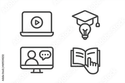 Minimalist Online Learning Icons Set, Education Symbols with Play Button Laptop, Graduation Cap Lightbulb Idea, Video Chat Computer, Interactive Book Pointer, Transparent Background