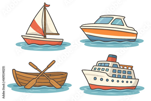 Various types of boats sailing on calm water day time. Cartoon vector illustration of classic sailboat, motorboat, rowboat with oars and large cruise ship in set with transparent background.