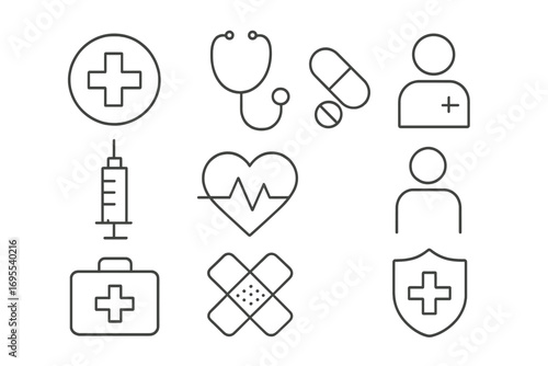 Minimalist medical icons set with healthcare linear symbols, including stethoscope, syringe, pills, heart pulse, first aid kit, bandages, and medical shield vector illustration