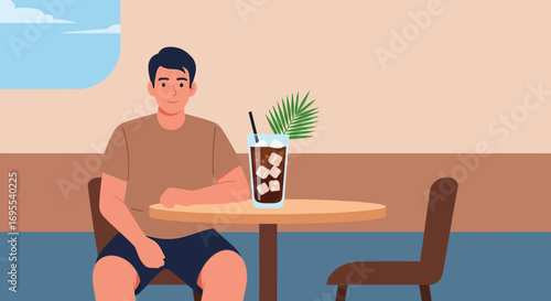 Relaxed Man Enjoying Iced Coffee With a View At a Modern Cafe Setting