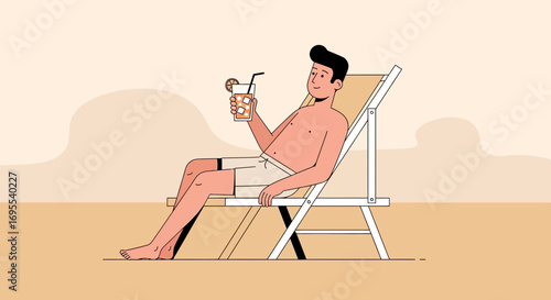 Relaxed Man Lounging On Beach Chair, Enjoying Vacation With Refreshing Drink