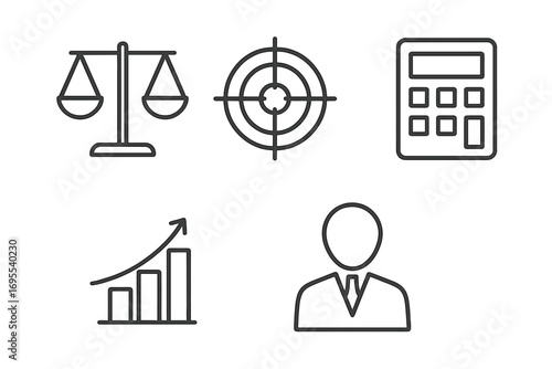 Business icon set for finance, strategy, and growth. Vector line icons of scales, target, calculator, diagram, and person for web and app design. Editable stroke.
