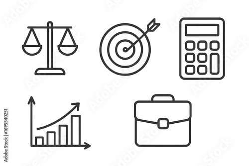 Business success and finance strategy line icon set. Vector pictograms include scales of justice, goal target, calculator, growth chart, and briefcase. Minimalist, editable stroke.