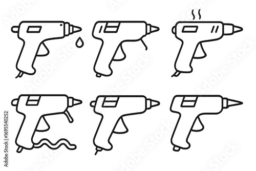 Set of six linear hot glue gun icons for crafting, DIY projects, art tools, repair work, vector cartoon illustration with transparent background, ordered collection of adhesive gun symbols