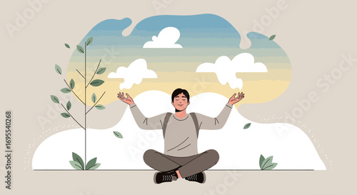 A Person Meditating Under a Tranquil Sky Symbolizing Peace and Mindfulness in Nature