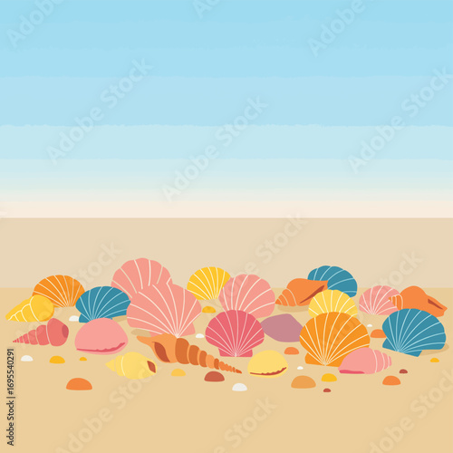 Colorful seashells line a sandy beach, showcasing marine life diversity and nature's artistry at the shore. Flat design vector illustration.