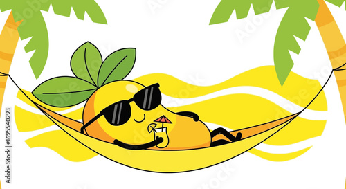 Relaxed Mango Character Enjoying Tropical Vacation While Lounging In A Hammock