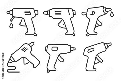 Set of six linear hot glue gun icons for crafting and DIY projects, vector cartoon illustration, transparent background, ordered collection of adhesive tool symbols for creative hobby use