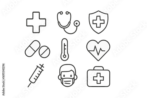 Minimalist medical icons set with healthcare symbols, linear style vector illustration, stethoscope, pills, thermometer, heart rate, syringe, face mask, first aid kit, health concept